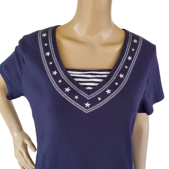 Karen Scott Nautical Sailor T Shirt Women's L Navy Blue Embroidered Knit Stretch - Picture 10 of 12
